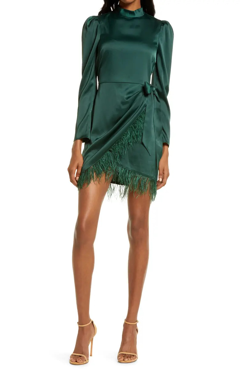 Saylor Quin Metallic Feather Trim Long Sleeve Satin Minidress | Nordstrom | Nordstrom