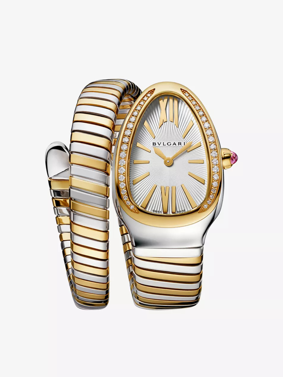 Serpenti Tubogas 18ct yellow-gold, stainless steel and brilliant-cut diamond quartz watch | Selfridges