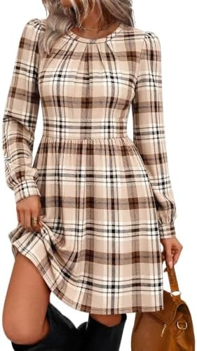 WIHOLL Womens Fall Dresses Long Sleeve Pleated Bust A-Line Pocket Dress | Amazon (US)