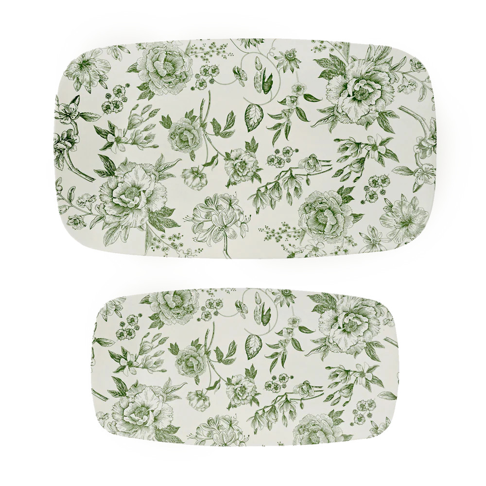 Green Delft Stacking Melamine Trays | Set of Two Floral Serving Plates | Sweet Water Decor, LLC