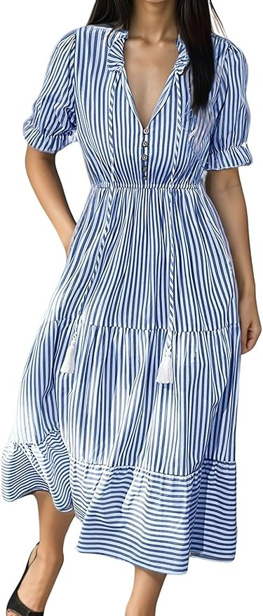 utcoco Womens Striped Short Sleeve Dress Casual Slim Fit Button V-Neck Ruffle Hem Midi Dress with... | Amazon (US)