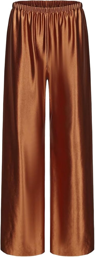 Women Satin Wide Leg Dress Pants Silk Casual Dressy Long Flowy Pants Elastic High Waisted Trouser... | Amazon (US)