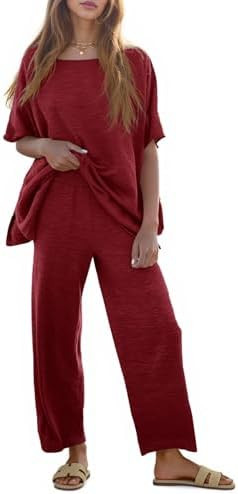 Tankaneo Women's 2 Piece Travel Outfits Casual Short Sleeve Knit Sweater Set Wide Leg Pants Loung... | Amazon (US)