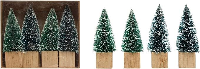 Creative Co-Op Sisal Bottle Brush Trees with Wood Bases, Green, Snow Finish, Boxed Set of 4 | Amazon (US)