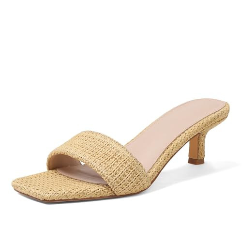Ancomafio Kitten Heel Sandals Raffia Low Heels 2 Inch Square Open Toe Sandals for Women Slip on Summer Vacation Casual Shoes Neutral Size 8.5 | Amazon (US)