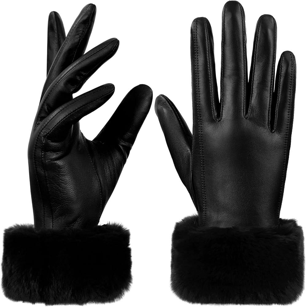 GSG Women Leather Gloves Rabbit Fur Cuff Touchscreen Warm Winter Driving Gloves Lady Multicolor | Amazon (US)
