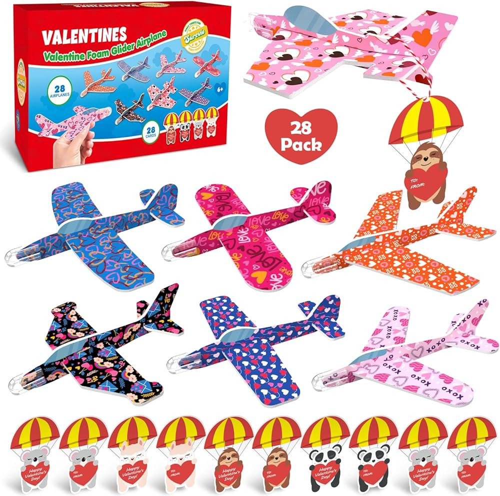 SURCVIO 28 Pack Valentines Day Gifts for Kids, Foam Airplanes Party Favor Set with Valentines Gre... | Amazon (US)