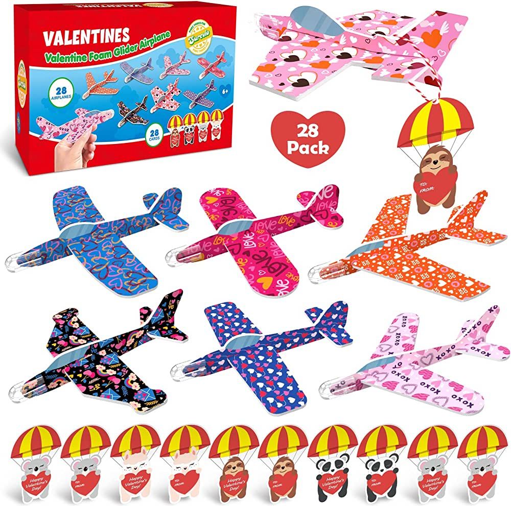 SURCVIO 28 Pack Valentines Day Gifts for Kids, Foam Airplanes Party Favor Set with Valentines Gre... | Amazon (US)