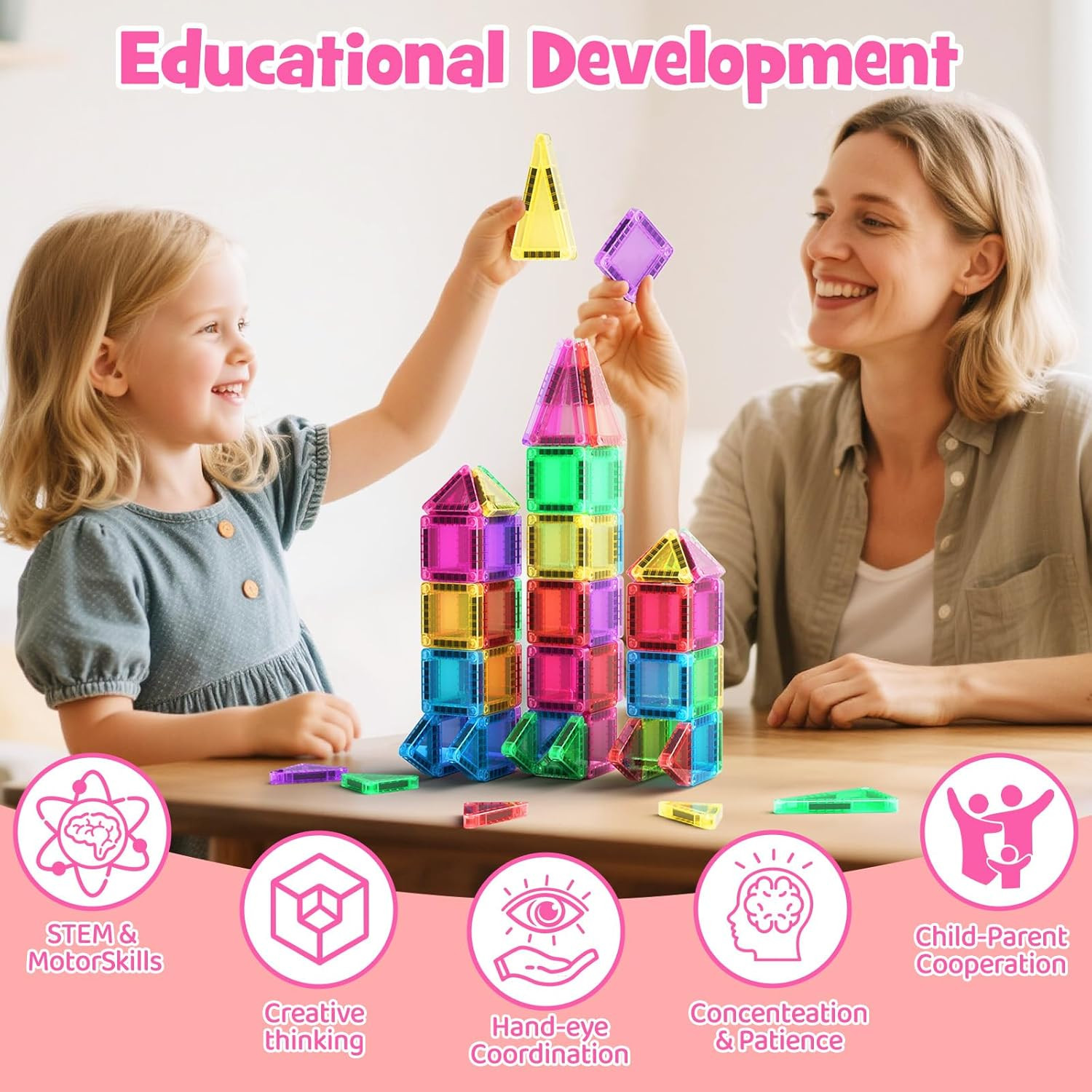 Travel Magnetic Tiles Building Set 60 PCS Transparent 3D Magnetic Blocks with Pink Iron Box & Con... | Amazon (US)