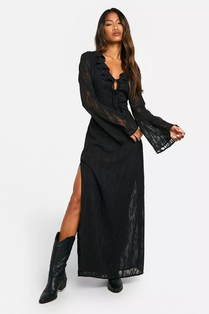 Jacquard Frill Side Split Maxi Dress | boohoo (US & Canada)