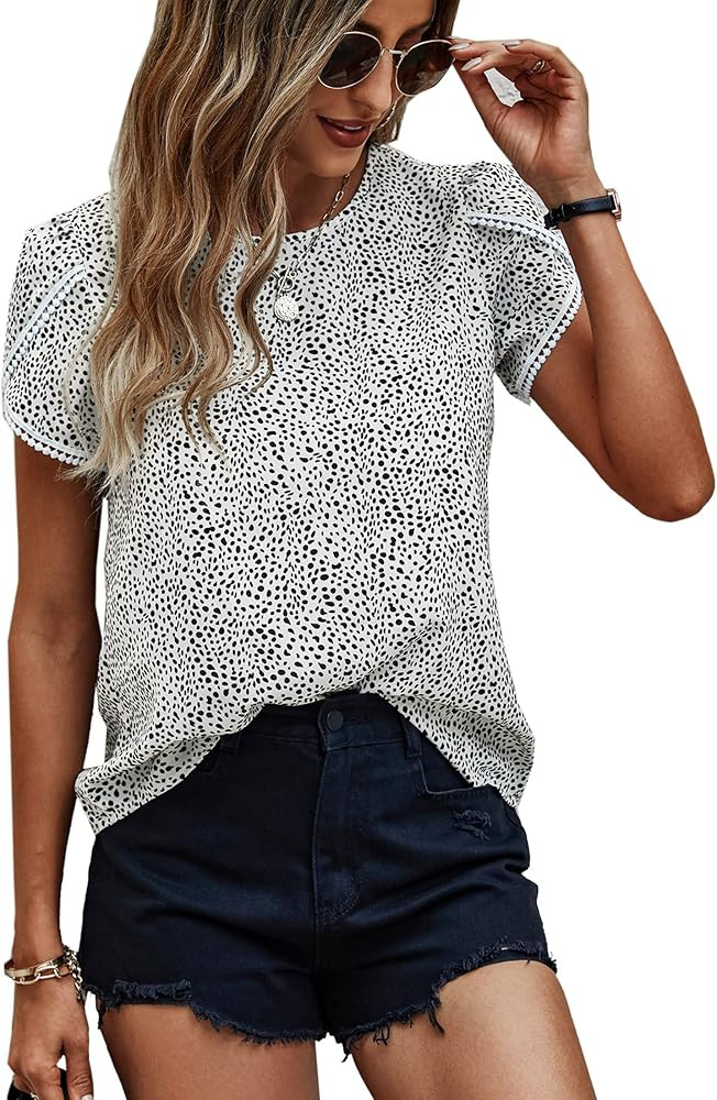 Angashion Women's Tops Casual Floral Print Lace Crochet Short Sleeve Crewneck Summer Loose Blouse... | Amazon (US)