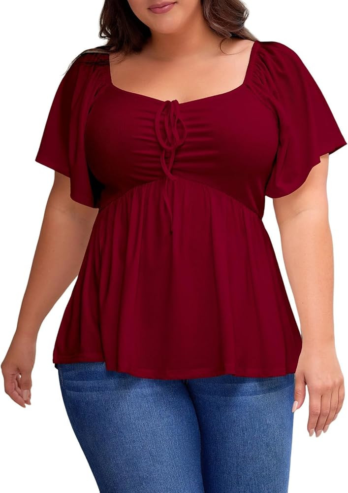 Eytino Womens Plus Size Tops Short Sleeve Sweetheart Neck Shirred Peplum Blouse Shirts(1X-5X) | Amazon (US)