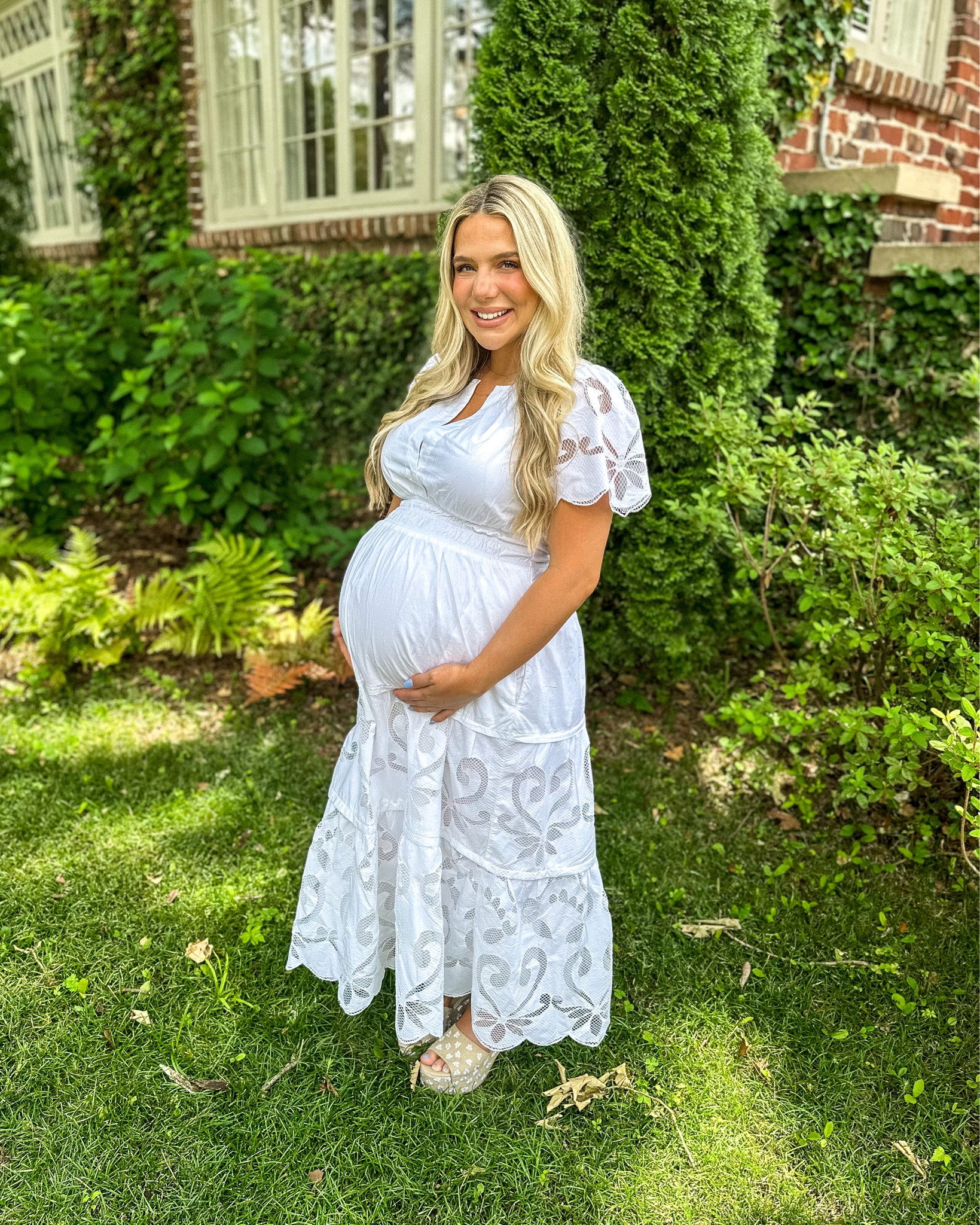 chinese dress ladies Momyknows White Floral Cut Out Off Shoulder Backless Cami Big Swing Elegant Vacation Maternity Hobo Photoshoot Baby Shower Maxi Dress White / Xs main image 1