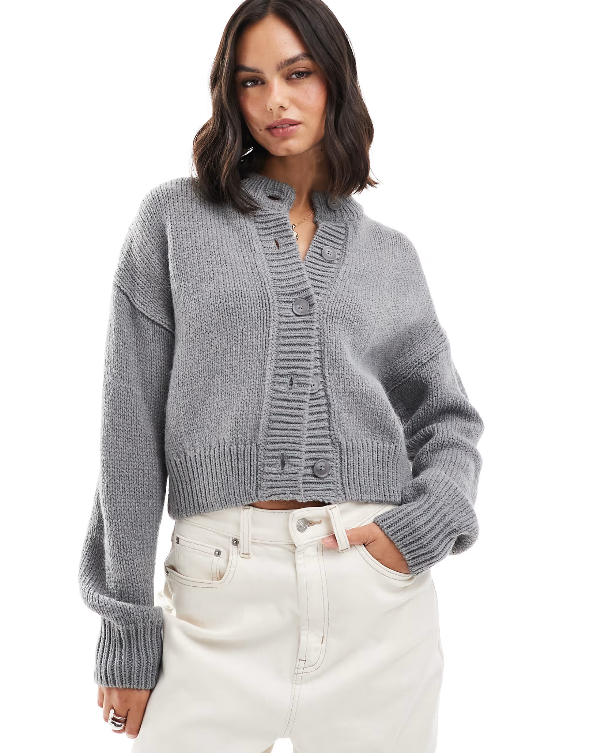 ASOS DESIGN crop crew neck cardigan in gray | ASOS (Global)