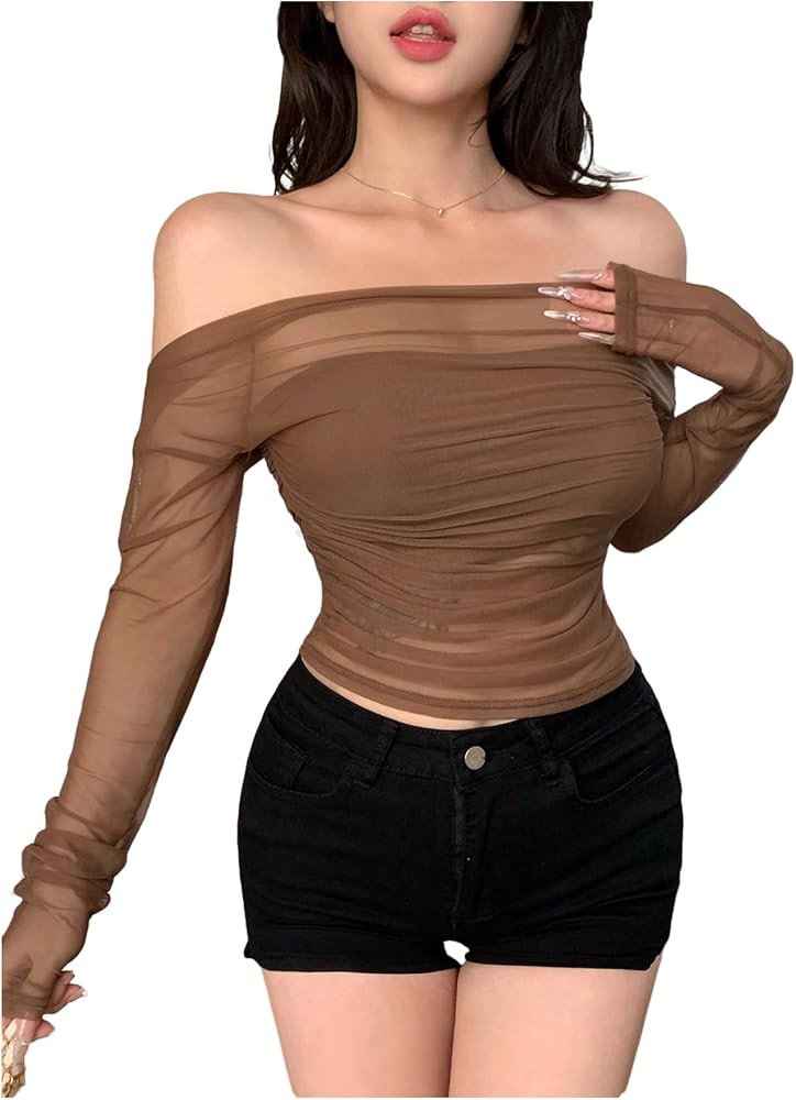SHENHE Women's Mesh Off The Shoulder Top Sheer Long Sleeve Ruched Fitted Rave Concert Crop Shirt | Amazon (US)