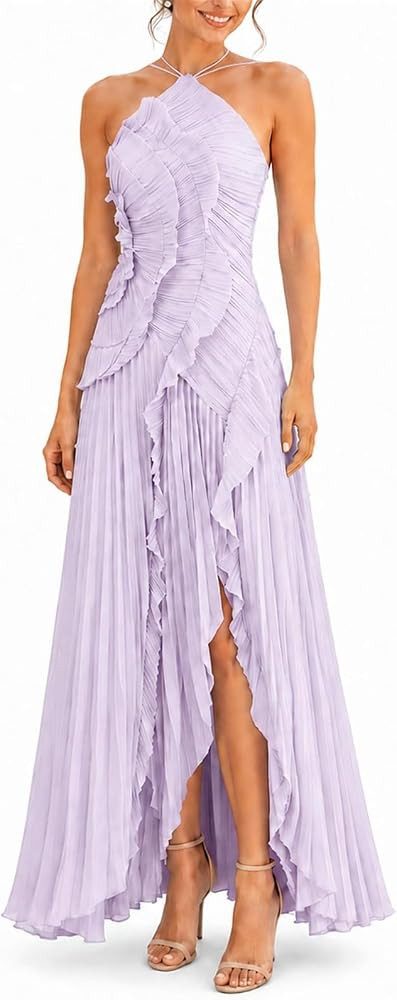 Women's Halter Neck Ruffle Pleated High Slit Maxi Dress for Wedding Guest | Amazon (US)
