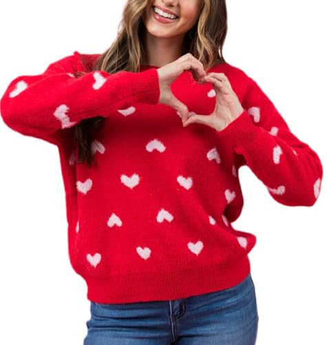 Argeousgor Women Heart Print Sweater Love Graphic Knitted Top Crewneck Cute Holiday Long Sleeve Shirts M | Amazon (US)