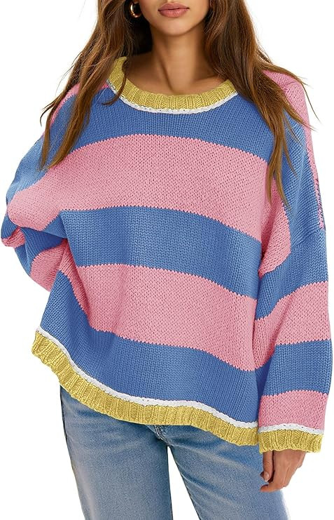 Fisoew Womens Oversized Sweaters Casual Long Sleeve Striped Color Block Crewneck Knitted Loose Fa... | Amazon (US)