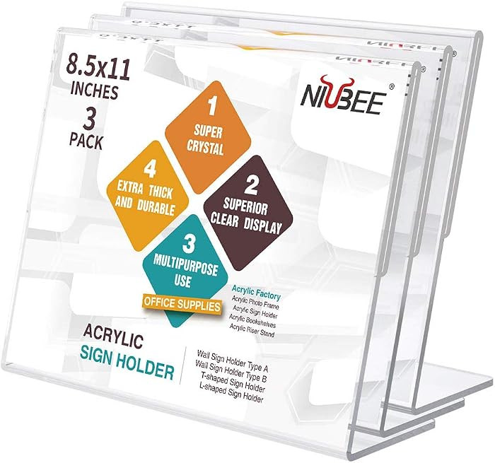 NIUBEE Acrylic Sign Holder 8.5x11 Inches 3 Pack Landscape, Slant Back Clear Paper Frames, Plastic... | Amazon (US)