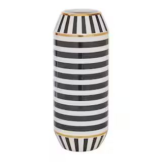 Black Striped Ceramic Decorative Vase with Gold Accents | The Home Depot