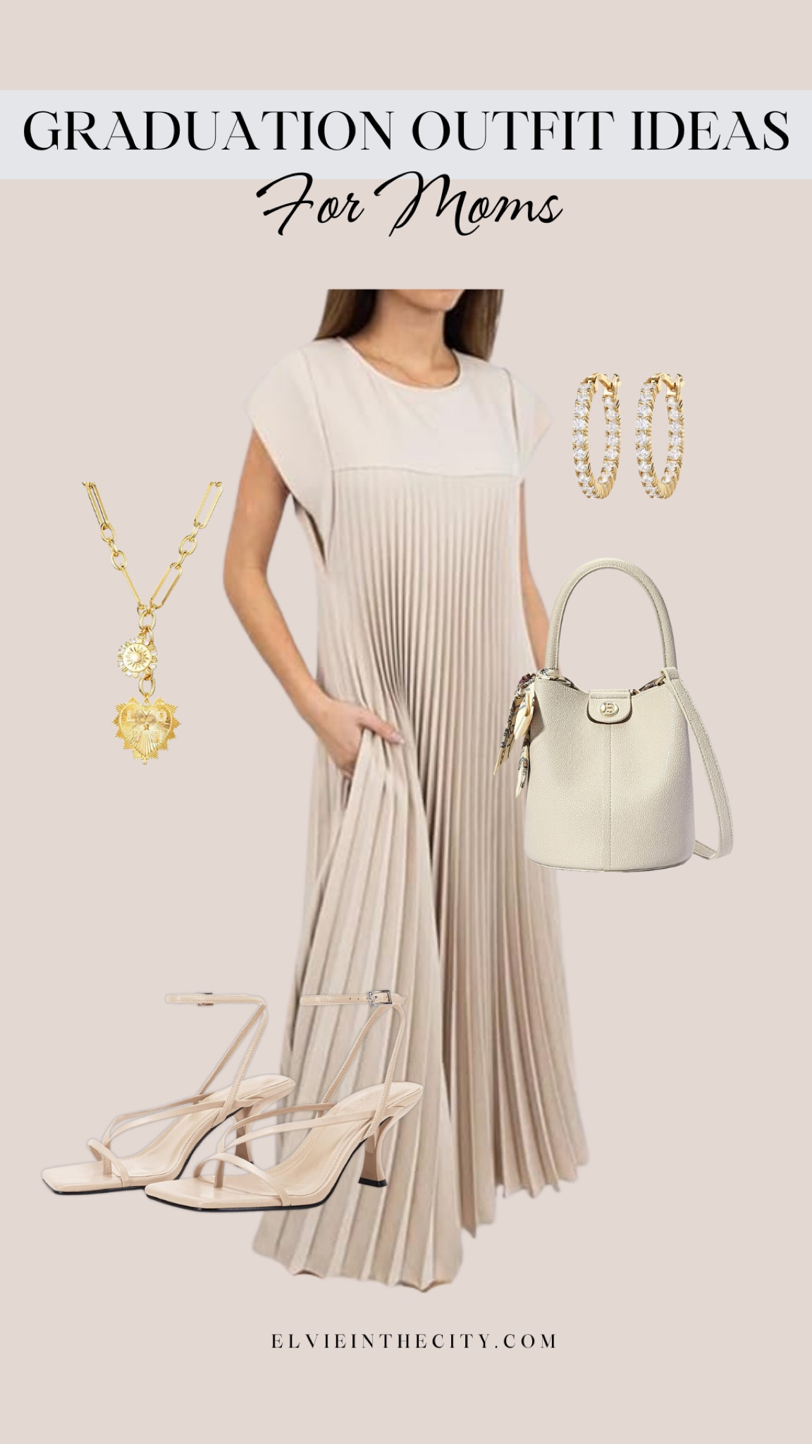 Graduation outfit ideas for moms. This short sleeve pleated dress is paired with coordinating strappy heels, a bucket bag, rhinestone studded hoops, and a chunky gold heart necklace.

Graduation outfit, spring dress, Easter dress, fashion over 40, petite fashion, amazon fashion, over 50 style

#LTKFindsUnder50 #LTKShoeCrush #LTKStyleTip