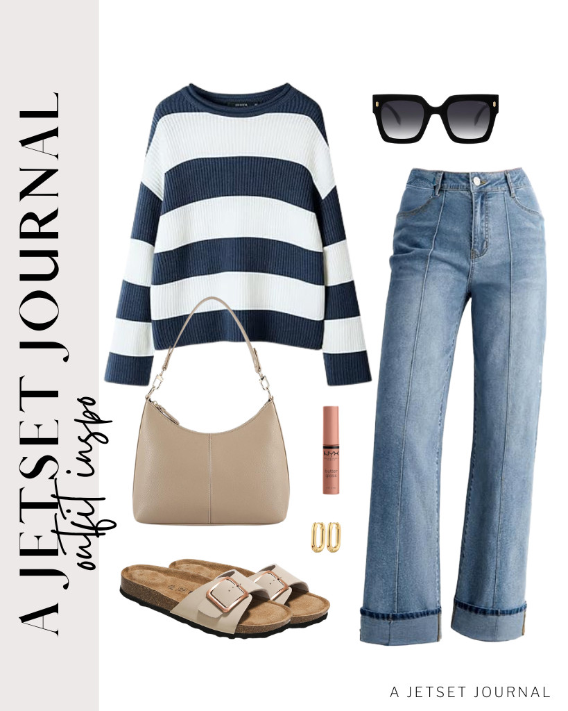 A navy-striped pullover sweater from ZESICA and wide-leg, cuffed jeans are perfect for casual events and travel. A Keyli shoulder handbag and flat leather sandals go well with this outfit. Complete the look with oversized square sunglasses from SOJOS and these chunky hoop earrings. 

#LTKSeasonal #LTKSaleAlert #LTKTravel 

 