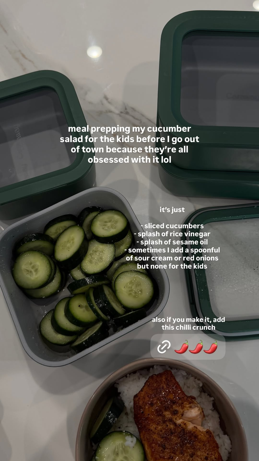 meal prepping my cucumber salad- secret ingredient is this chili crunch oil! also, love these Caraway food storage containers 🤍 

 #LTKmomlife #LTKHome