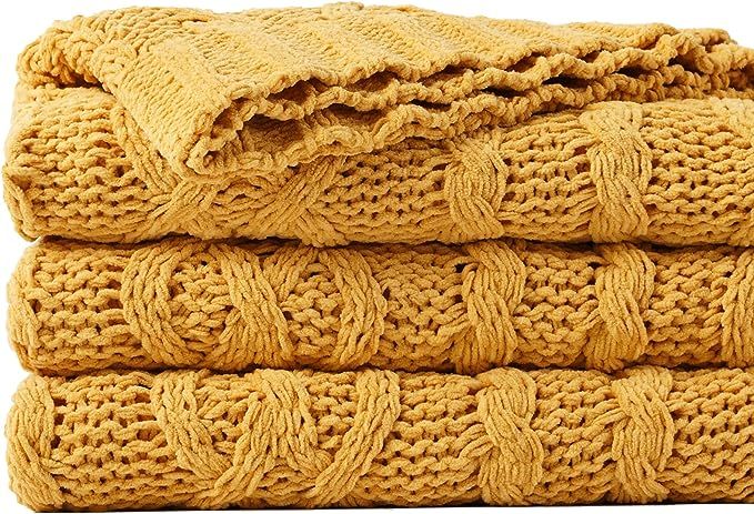 Amazon.com: Battilo Mustard Yellow Throw Blanket for Couch, Sofa, 51"x67", Cable Knit Throw Blank... | Amazon (US)