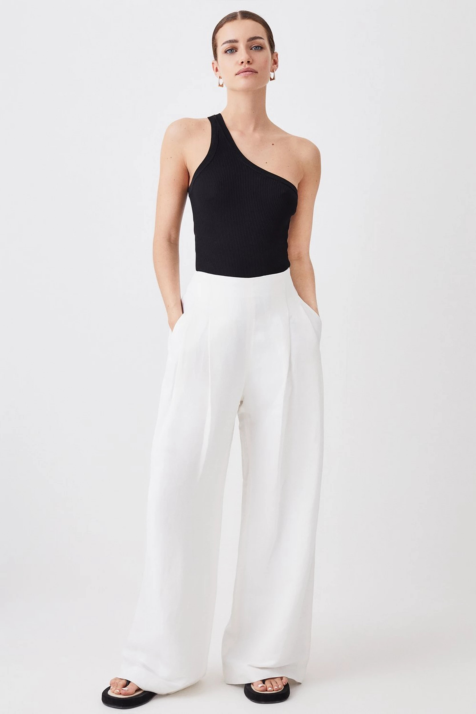 Petite Linen Darted Wide Leg Pants | Karen Millen US