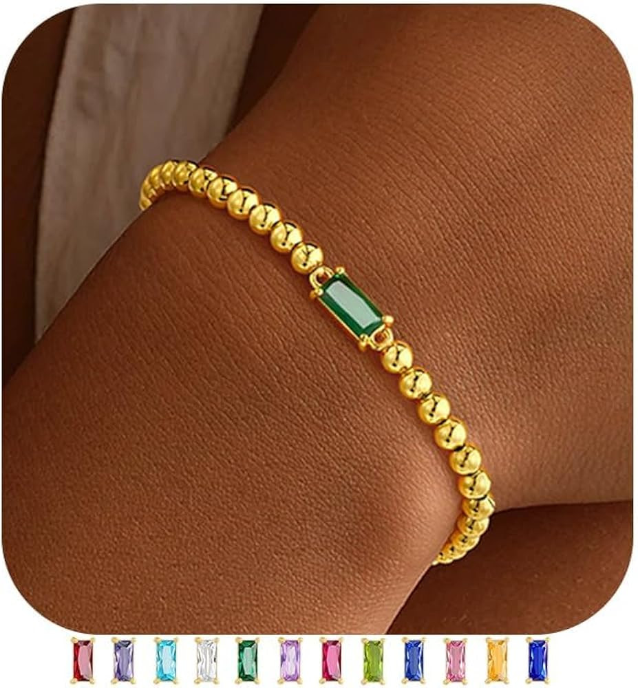 Yoosteel Mothers Day Gifts - Dainty Birthstone Bracelet for Girls Women 14K-Gold-Plated Beaded St... | Amazon (US)