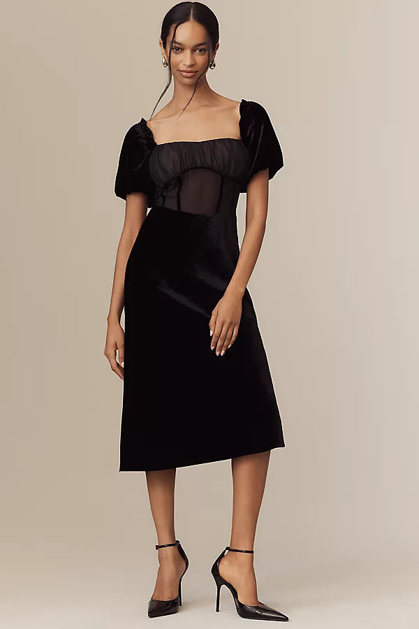 Puff-Sleeve Mesh Velvet Midi Dress | Anthropologie (US)