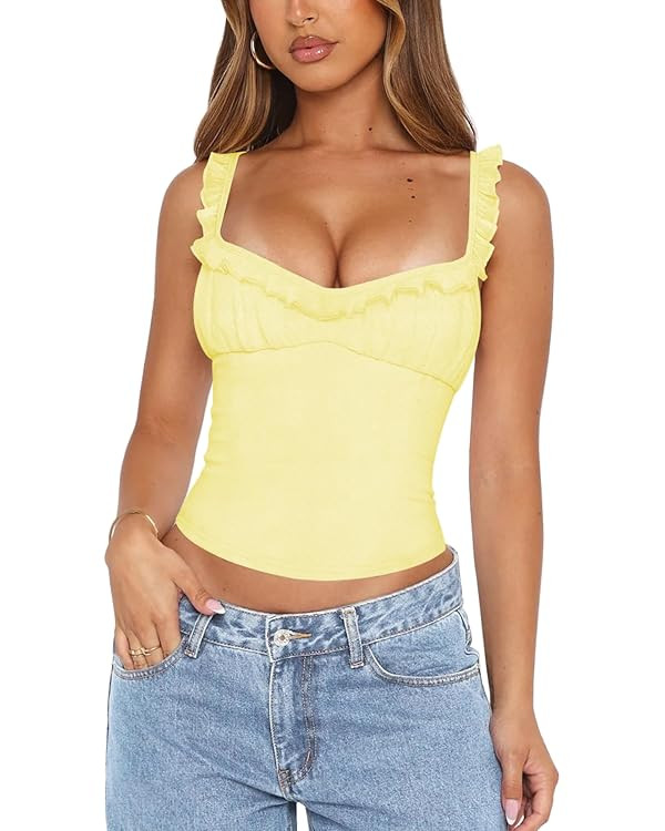 Women's Summer Square Neck Tank Top for Women Backless Going Out Ruched Beach Vacation Slim Fit C... | Amazon (US)