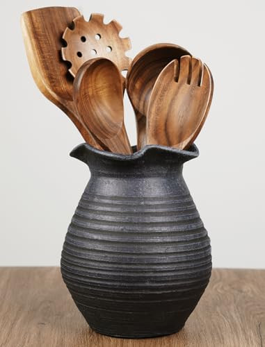 NiHome 7" Vintage Ceramic Utensil Holder, Rustic Ribbed Pottery Crock with Scalloped Edge, Large ... | Amazon (US)