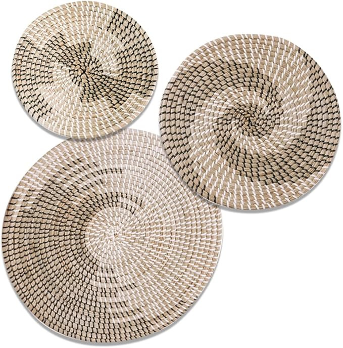 Large Handmade Hanging Woven Wall Basket Decor Set - 3 Artistic Round Seagrass Baskets for Bedroo... | Amazon (US)