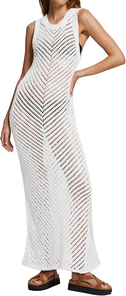 Bsubseach Women Crochet Swimsuit Cover Up Sleeveless Hollow Out Long Swim Coverup Beach Dress | Amazon (US)