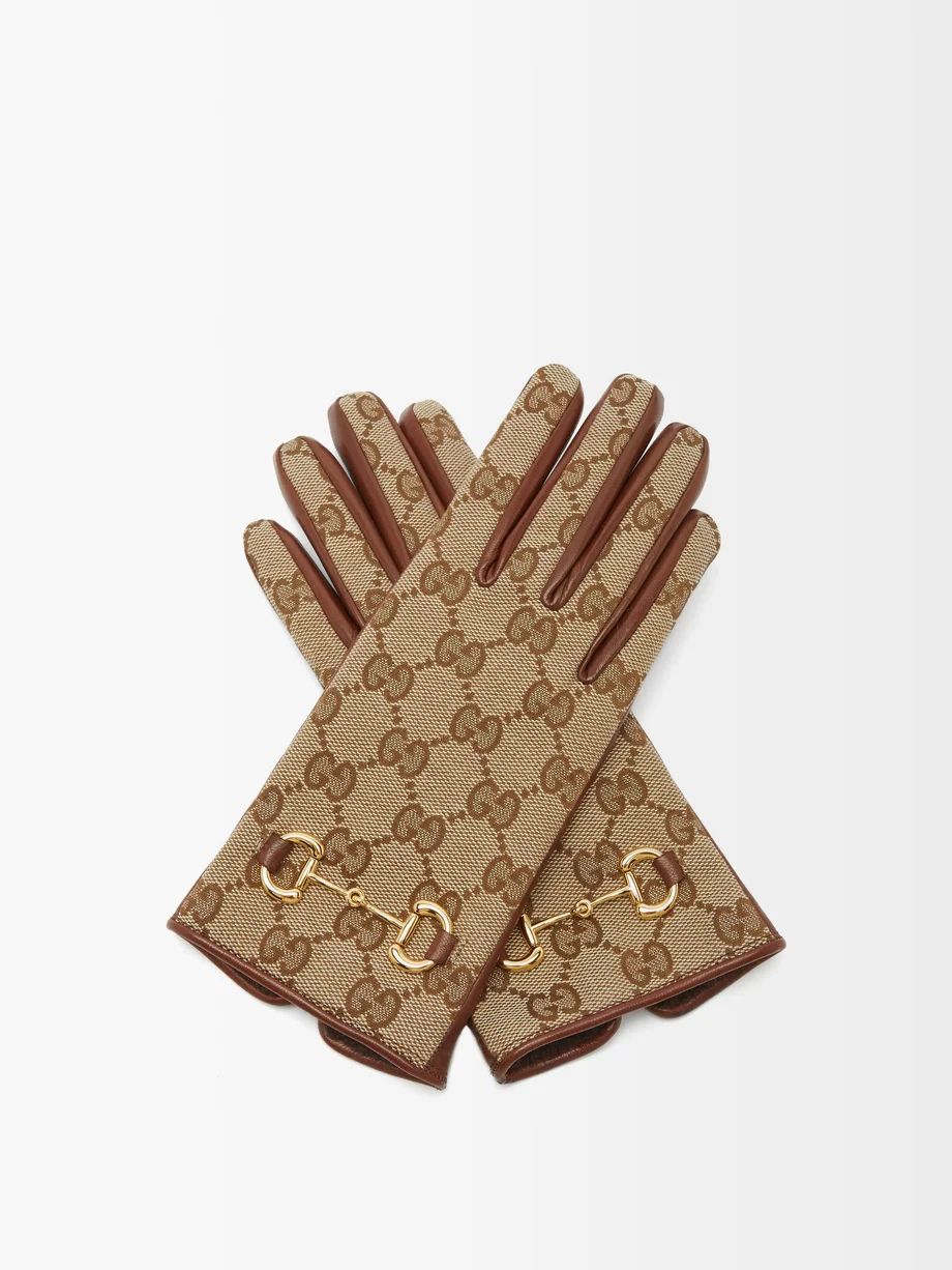 Horsebit leather and GG-jacquard canvas gloves | Gucci | Matches (UK)