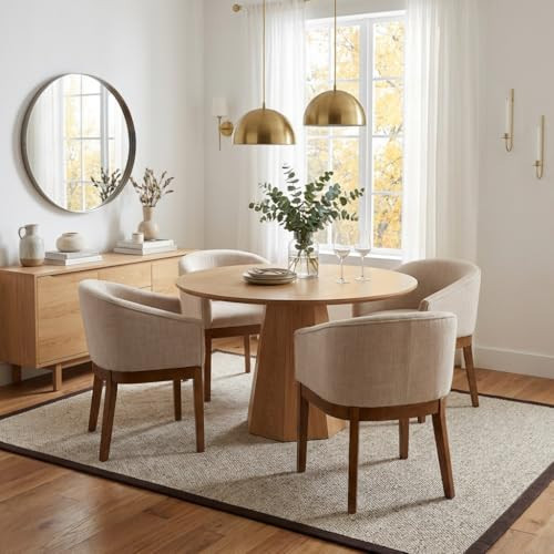 RIVOVA Beige Mid Century Modern Dining Chairs Set of 4, Farmhouse Linen Upholstered Accent Curved Backrest Kitchen Chairs Armchairs with Natural Wood Legs, Beige | Amazon (US)