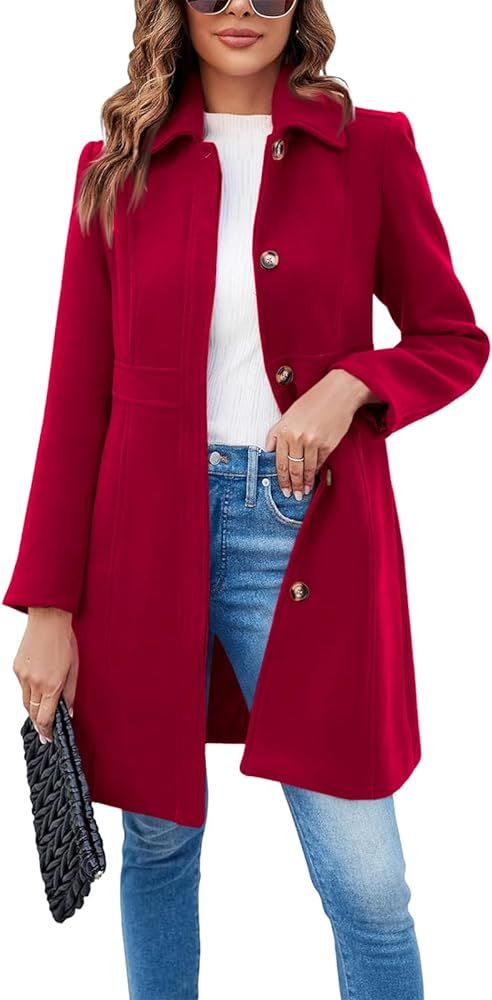 Fisoew Women's Elegant Single Breasted Coat Long Sleeve Mid Winter Overcoat Work Office Pea Coats | Amazon (US)