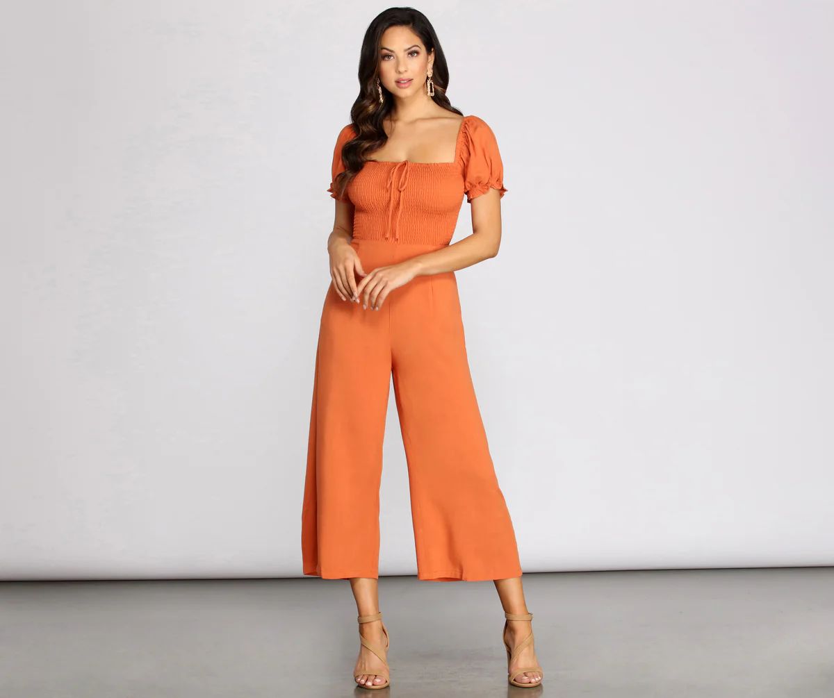 On The Bright Side Puff Sleeve Smocked Jumpsuit | Windsor Stores