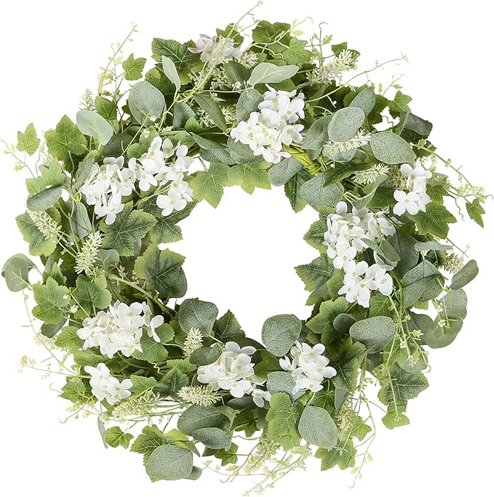 YNYLCHMX 18" Spring Summer Wreaths for Front Door, Artificial Wreath with White Flowers Grapevine... | Amazon (US)