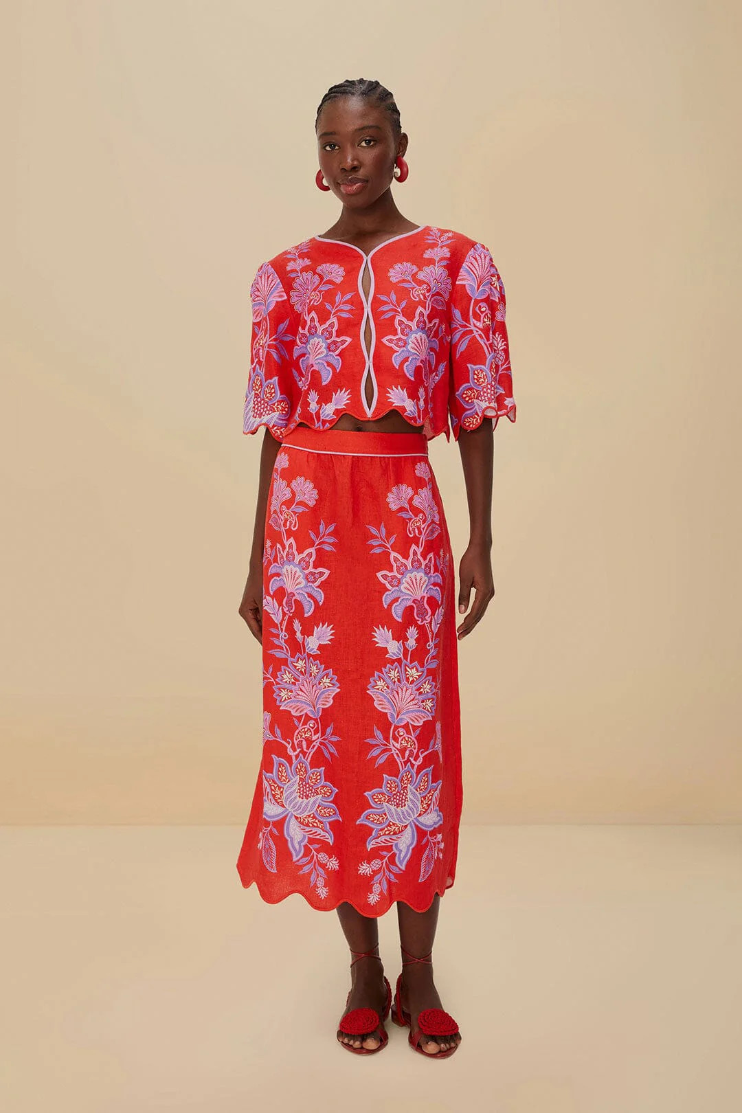 Red Porcelain Garden Euroflax Premium Linen Midi Skirt, PORCELAIN GARDEN RED / S | FarmRio (US)