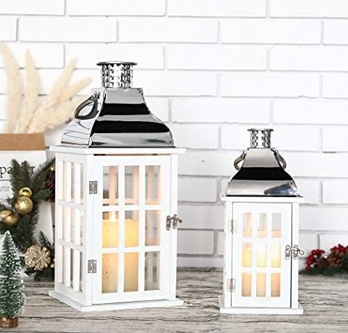 JHY DESIGN Set of 2 White Wood Decorative Candle Lanterns 18"&12" High Wood Lanterns for Indoor Outd | Amazon (US)
