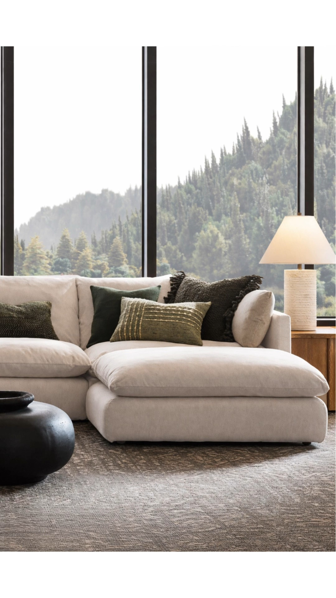 Polished living room decor and furniture- chaise sofa, table lamp, accent pillows, green, white, black, coffee table, coffee table decor, organic modern, transitional, minimalist, side table, Pottery Barn style, neutral aesthetic, Amazon home style

#LTKmomlife #LTKSaleAlert #LTKHome