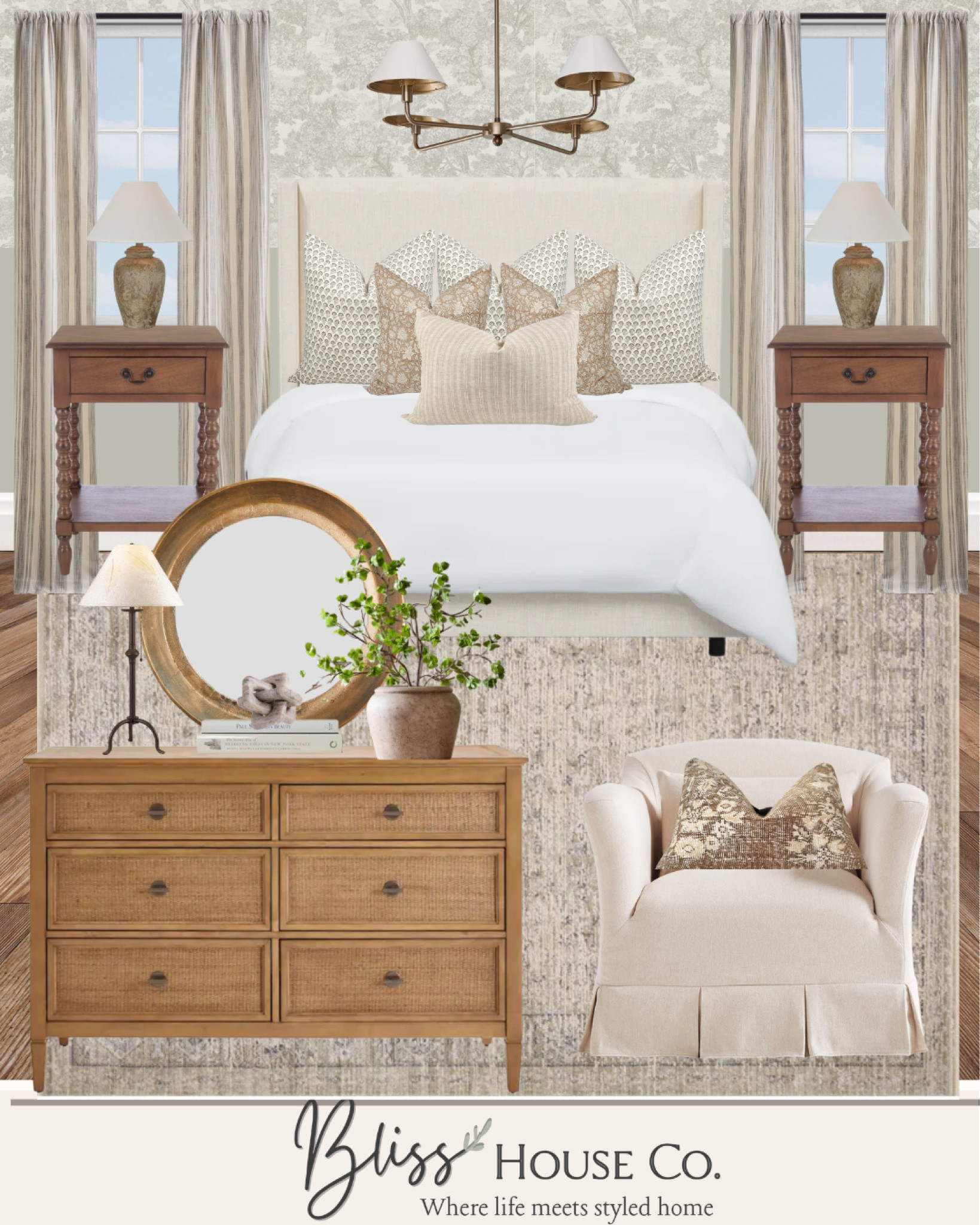 Neutral Mood board- bedroom, bed, chair, pillow, lighting, dresser, mirror, lamp, plant, side table 

#LTKFind #LTKsalealert #LTKhome