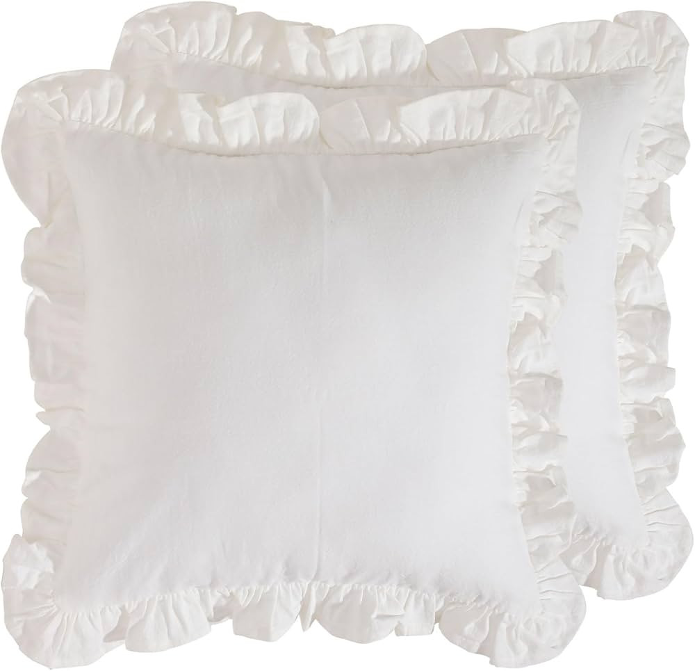 White Decorative Throw Pillow Covers 22"x22" Set of 2, Farmhouse Linen Pillow Covers with Ruffles... | Amazon (US)