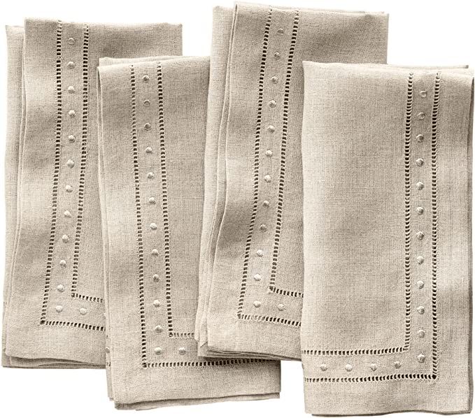 Linen Napkins - Natural Set of 4, Hemstitched Linen Dinner Napkins Cloth with Embroidered Dot 18 ... | Amazon (US)