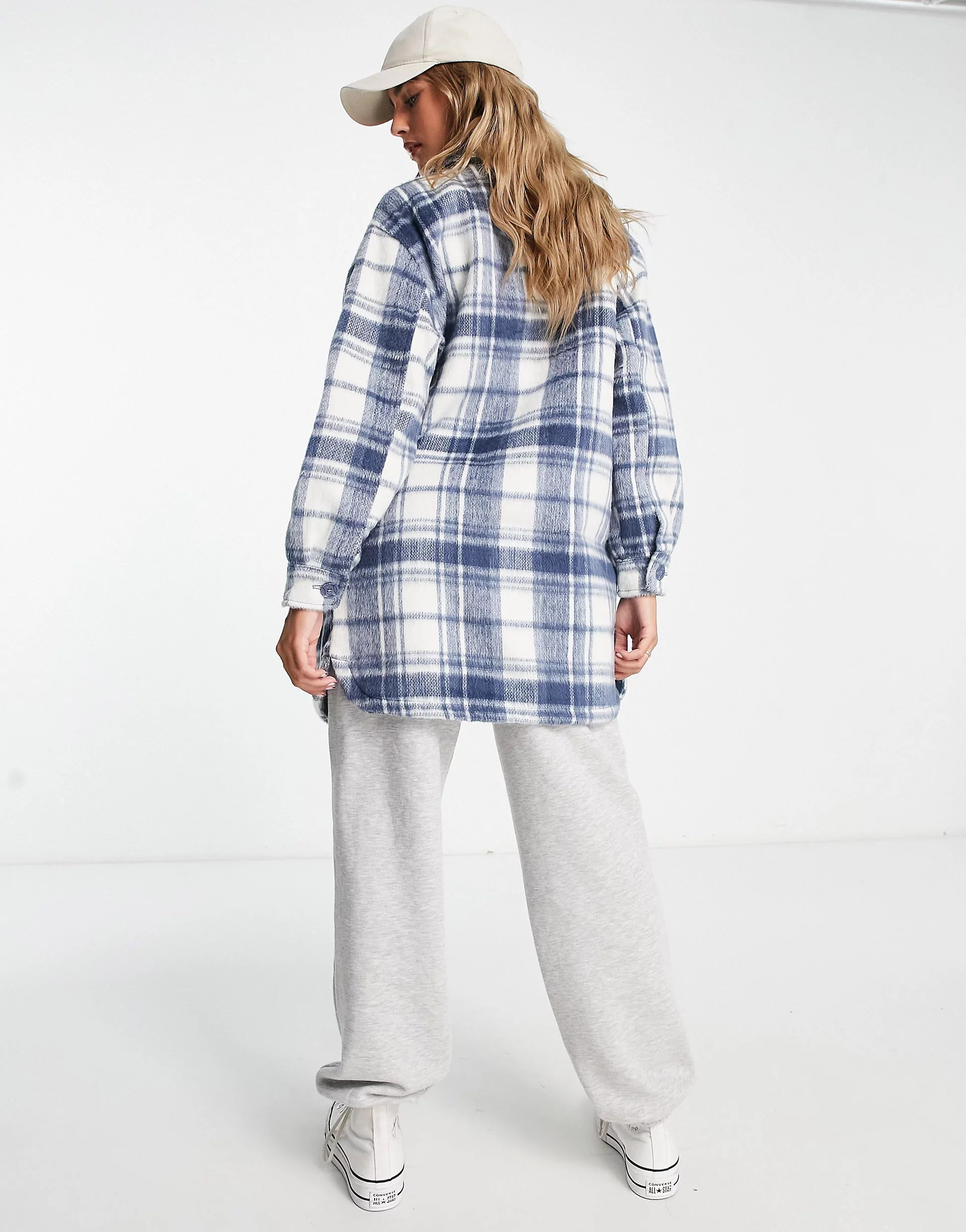 New Look longline check shirt jacket in blue | ASOS (Global)