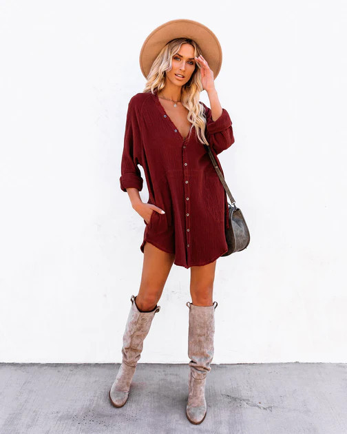 Kennedy Cotton Pocketed Button Down Tunic - Wine | VICI