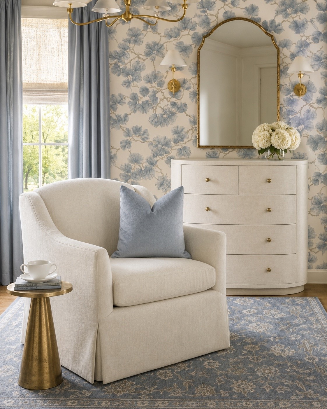 A dusty blue floral space 

Bedroom sitting area chair area rug curtains dresser mirror lighting pillow table

#LTKHome #LTKSaleAlert