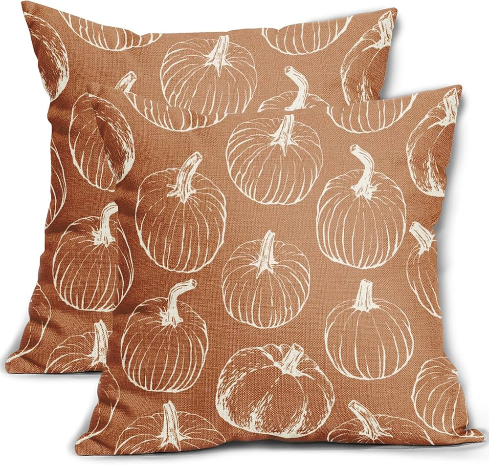 Fall Pumpkin Pillow Covers 18x18 Set of 2 Autumn Themed Thanksgiving Harvest Burnt Orange Print D... | Amazon (US)